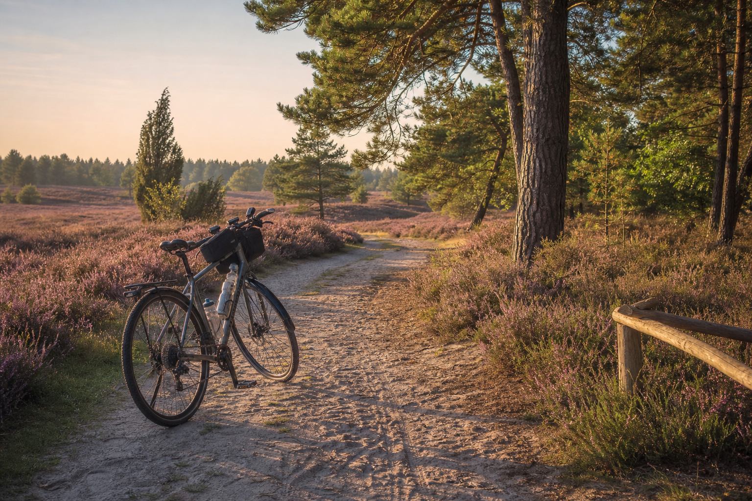 Fahrrad auf einem sandigen Heideweg zwischen Kiefern und Heidekraut