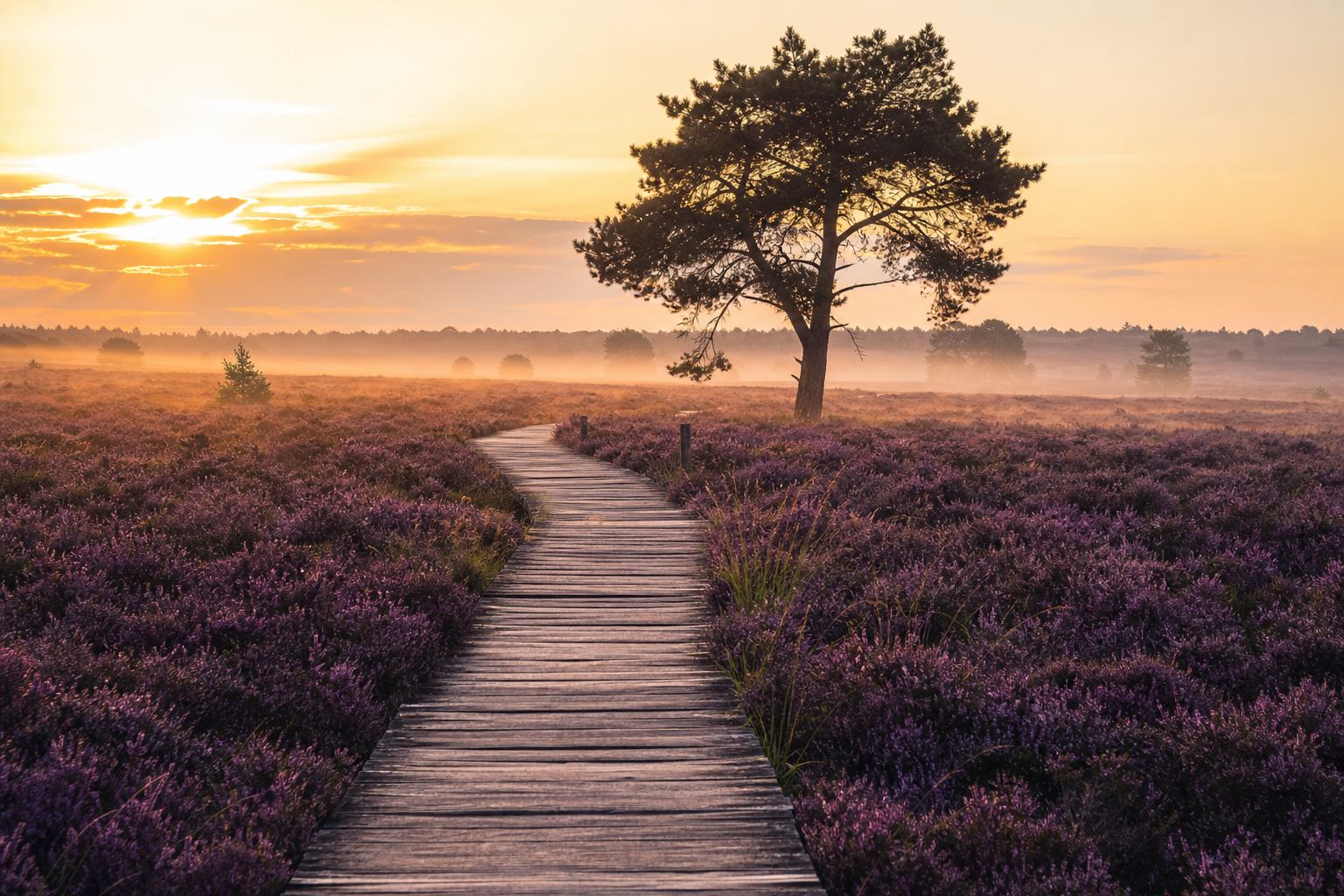 Blühendes Heidekraut bei Sonnenuntergang mit Holzsteg und leichtem Nebel in der Lüneburger Heide