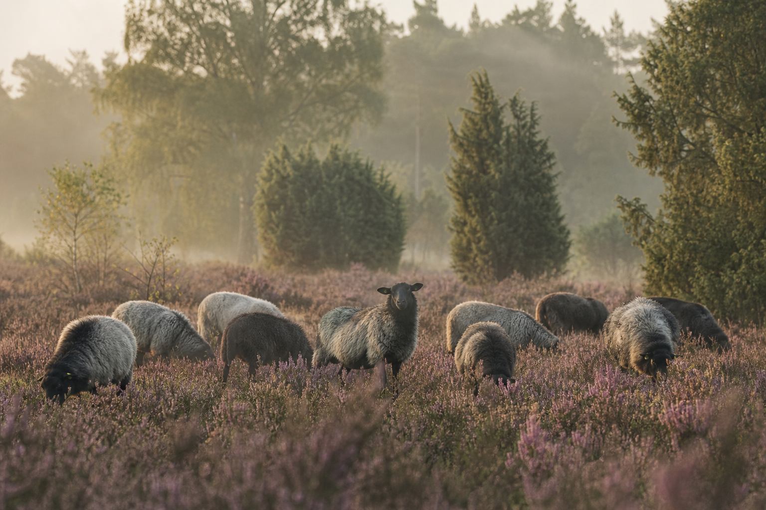 Heidschnuckenherde auf blühender Heidefläche im Morgenlicht